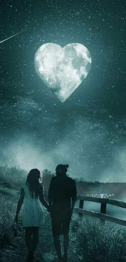 Romantic couple walking under a heart-shaped moonlit night sky.