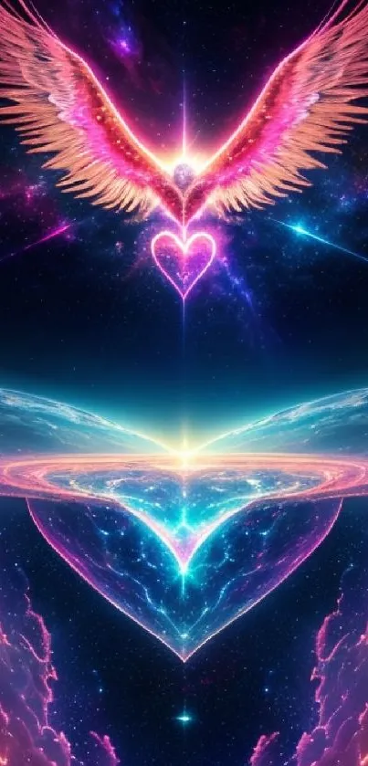 Celestial heart with fiery wings on cosmic background.