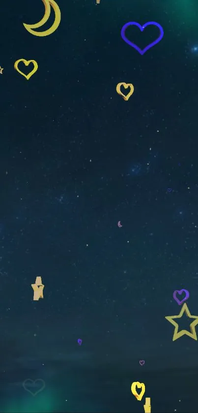 Blue night sky wallpaper with stars and hearts.