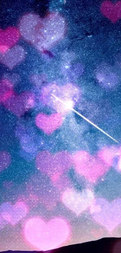 Galaxy wallpaper with pink hearts and shooting star on a dark blue sky.