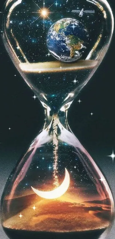 Celestial hourglass with Earth and moon in cosmic setting.