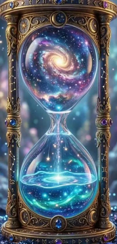 Ornate hourglass with a swirling galaxy inside.