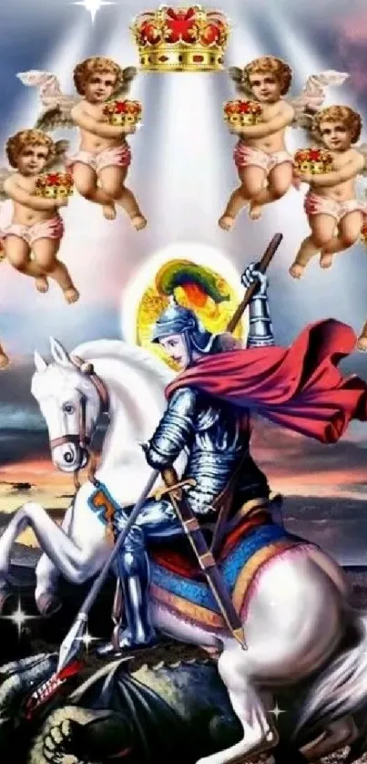 Heavenly scene of a knight with angels.