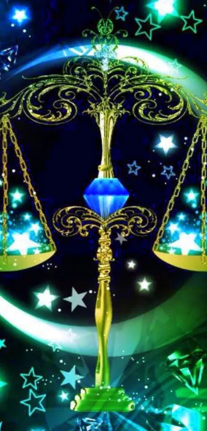 Starry night Libra scale wallpaper with celestial and mystical design.