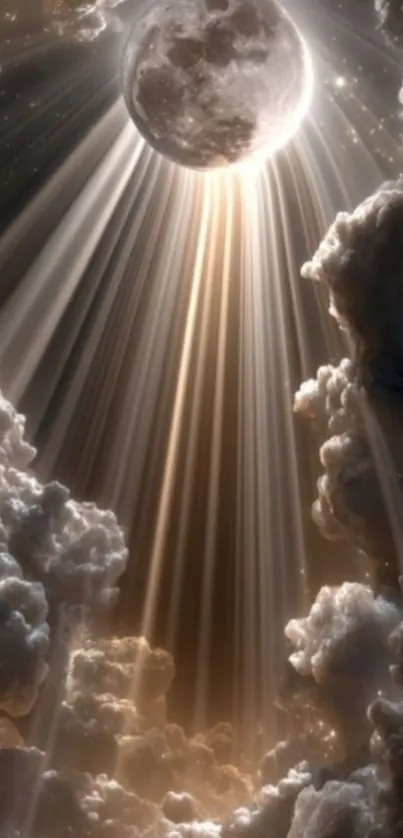 Celestial light streaming through clouds with a moon in the background.