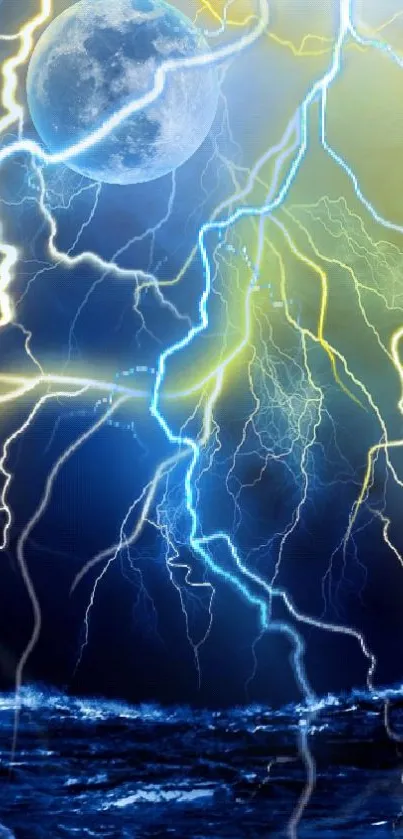 Electrifying lightning surges under a moonlit night sky with ocean waves.