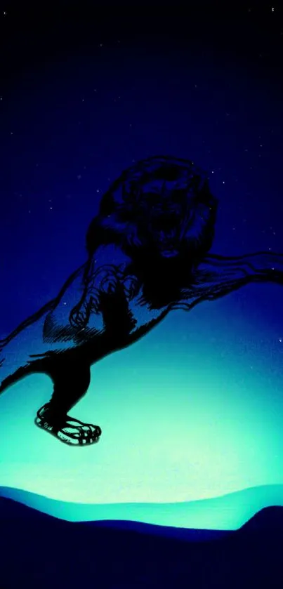 Majestic leaping lion in blue night sky wallpaper with stars.