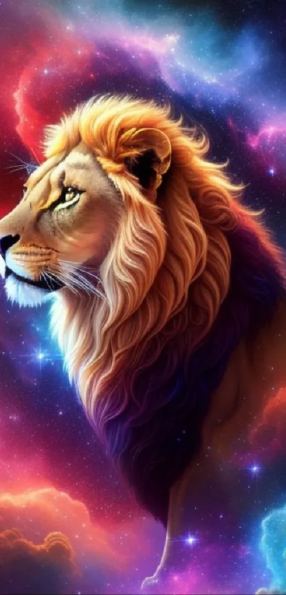 Celestial lion in a vibrant cosmic background with a galaxy theme.