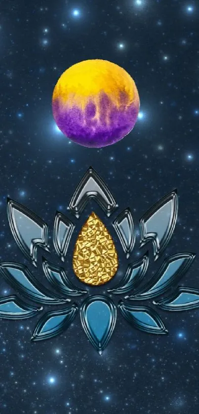 Celestial lotus beneath a vibrant planet in starry space.