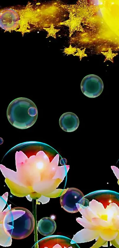 Celestial wallpaper with lotus flowers and a glowing moon.