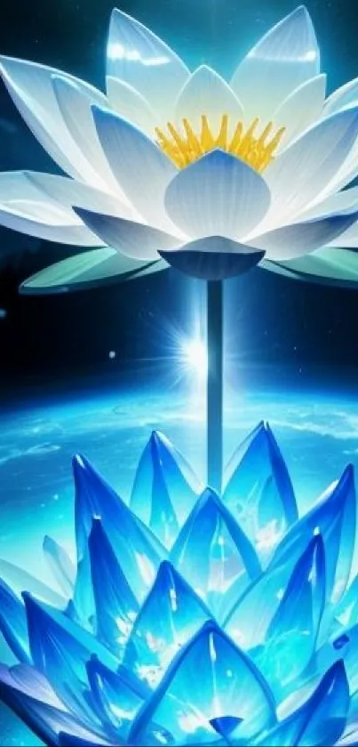 Luminous lotus with cosmic blue background.