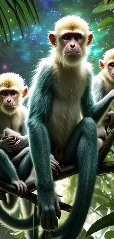 Three whimsical monkeys in a colorful jungle scene with a cosmic background.