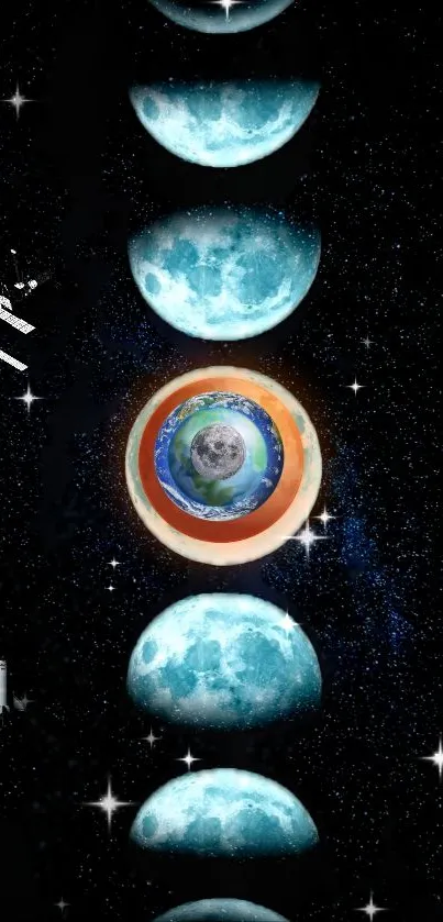 Artistic space wallpaper with moon phases and Earth at the center.