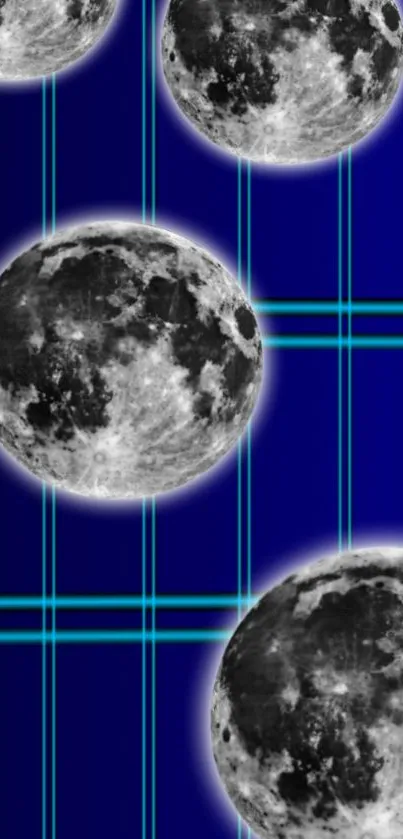 Blue grid with detailed moon designs for mobile wallpaper.