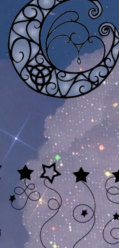 Decorative moon and stars on a starry night sky background.