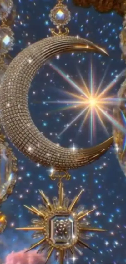 Glittering moon and starry sky with sparkling stars.