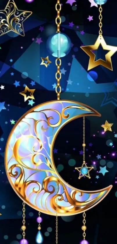 Golden crescent moon with stars on a blue cosmic background.