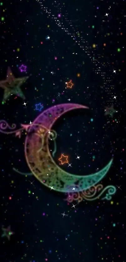 Colorful crescent moon with stars on a dark sky wallpaper.