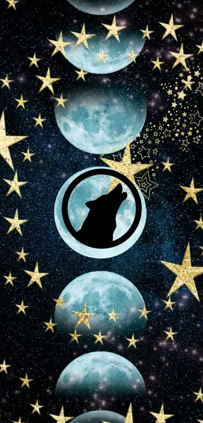 Celestial wallpaper with moon, stars, and wolf silhouette.