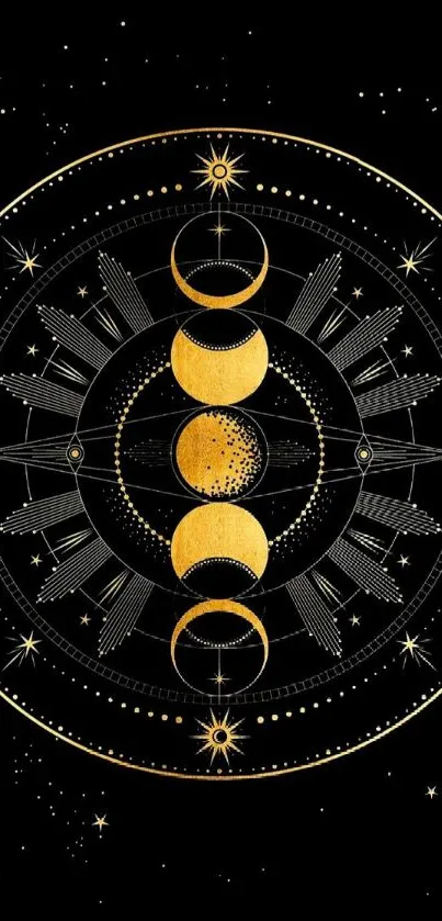 Golden moon phases on starry black background wallpaper.