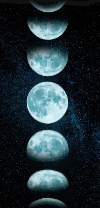 Mobile wallpaper of moon phases on a starry midnight blue sky.