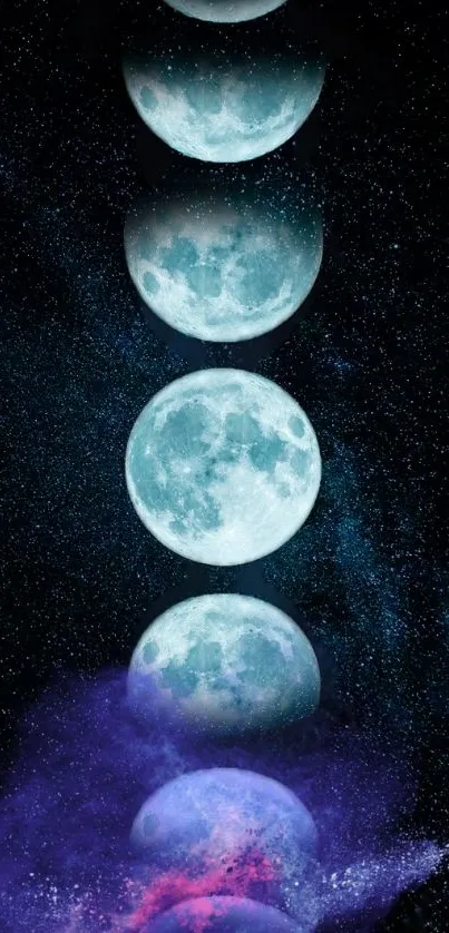 Mobile wallpaper showcasing moon phases in a cosmic blue and purple backdrop.