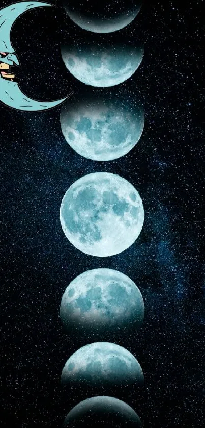 Moon phases on a celestial night sky wallpaper.