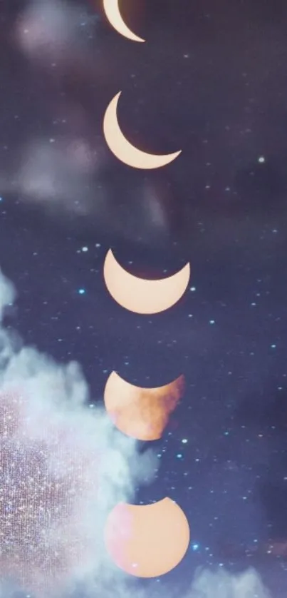 Celestial moon phases in starry night sky wallpaper.