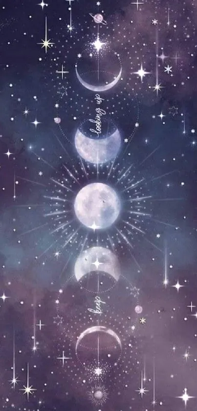 Celestial wallpaper featuring moon phases and stars in a cosmic night sky.