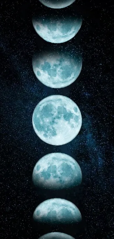 Celestial moon phases against a starry sky backdrop for mobile wallpaper.