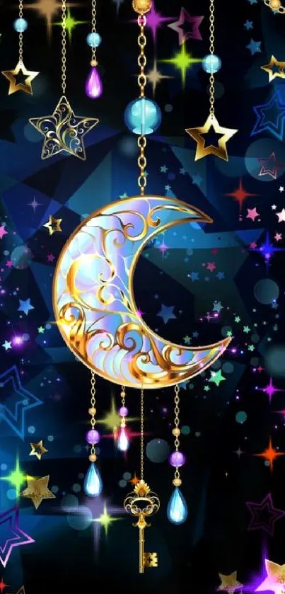 Celestial wallpaper with crescent moon and stars on a dark blue background.