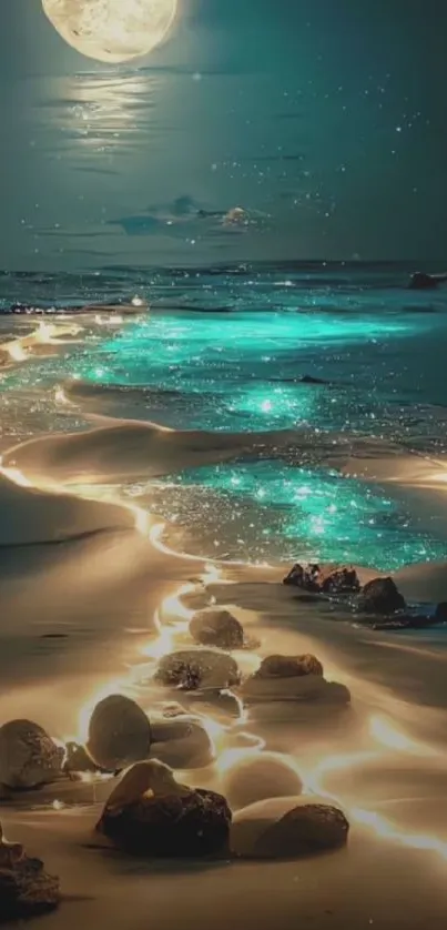 Moonlit beach with glowing path and sparkling waves.