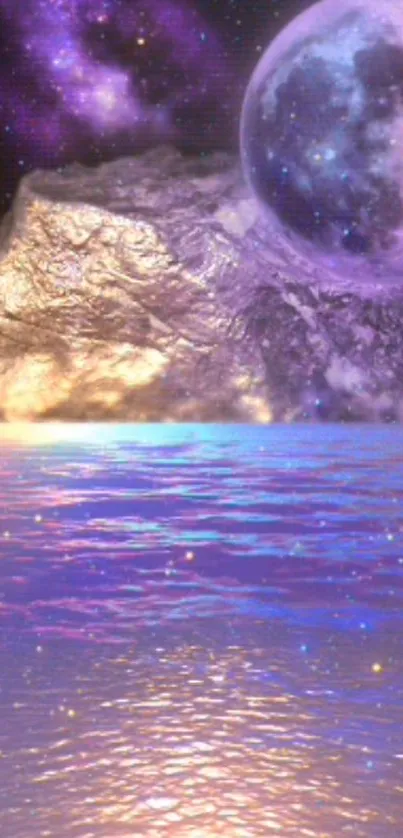 Celestial landscape with moonlit mountain and purple cosmic sea.