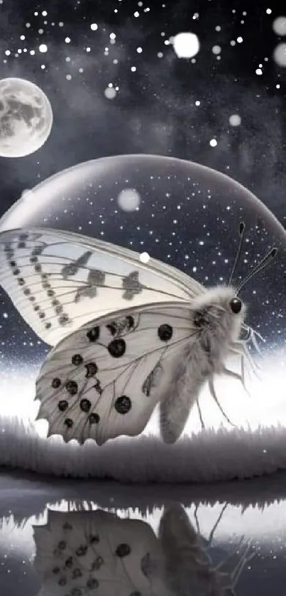 Moth in a snow globe under a moonlit sky with stars.