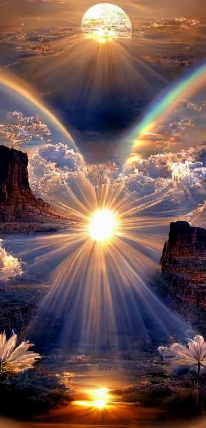 Celestial landscape with sun and clouds