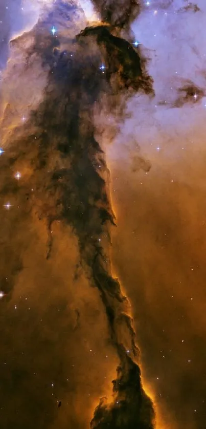 Dark orange nebula with stars forming a cosmic scene.