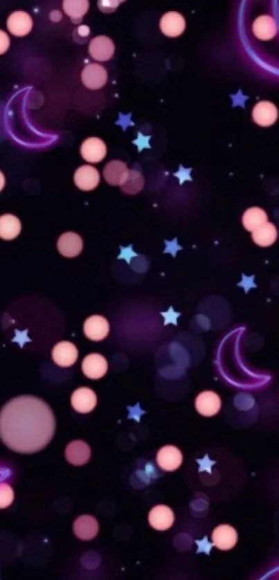 Celestial neon night sky wallpaper with glowing pink moons and blue stars.