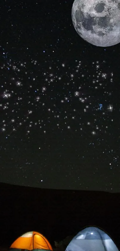 Camping tents under a starry night sky with a bright moon.