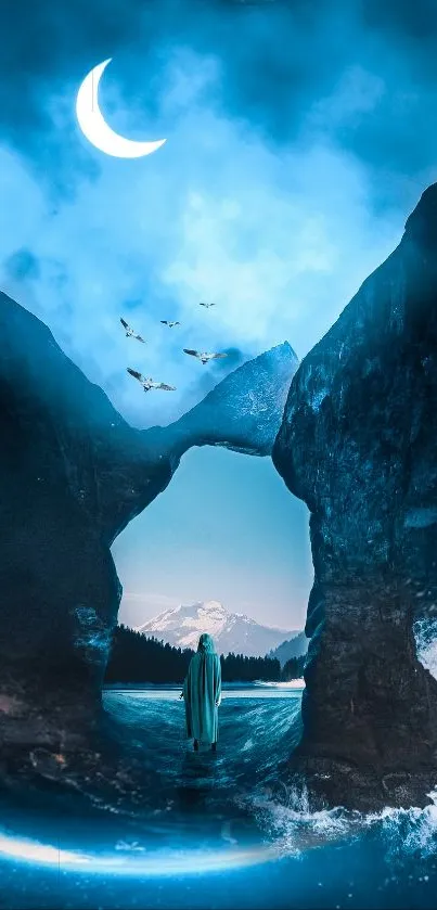 Majestic night scene with crescent moon and rocky cliffs in blue hues.