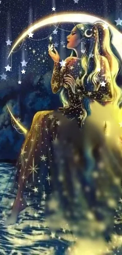 Fantasy art of a woman on a crescent moon under starlit sky.