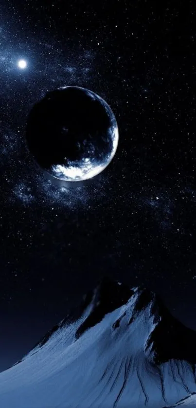 Dark cosmic wallpaper with planet, stars, and mountain at night.