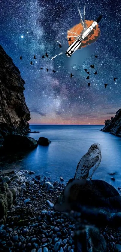 Celestial view of a starry night over a river with rocky landscape.