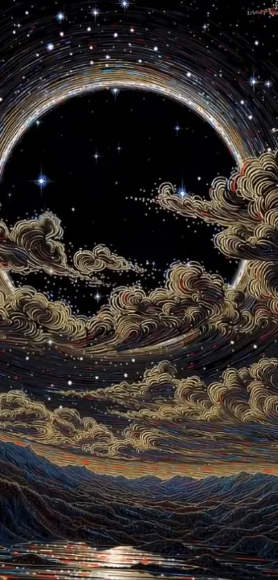 Artistic depiction of a night sky with swirling clouds and stars.
