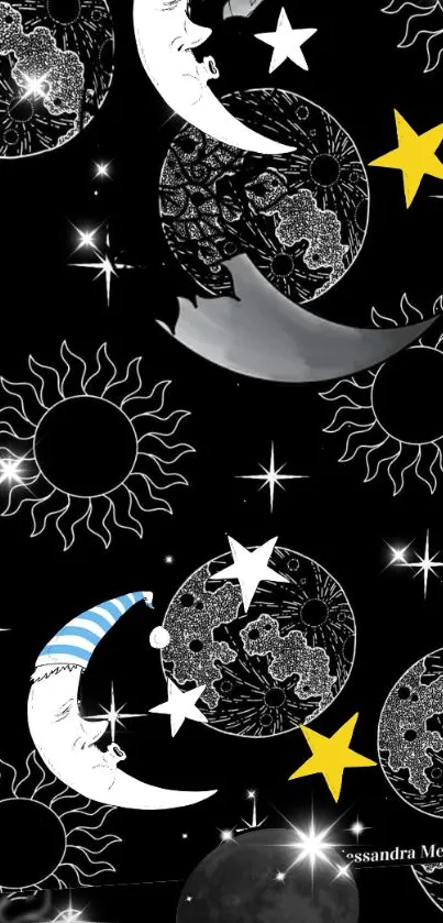 Whimsical celestial wallpaper with moons and stars on a black background.