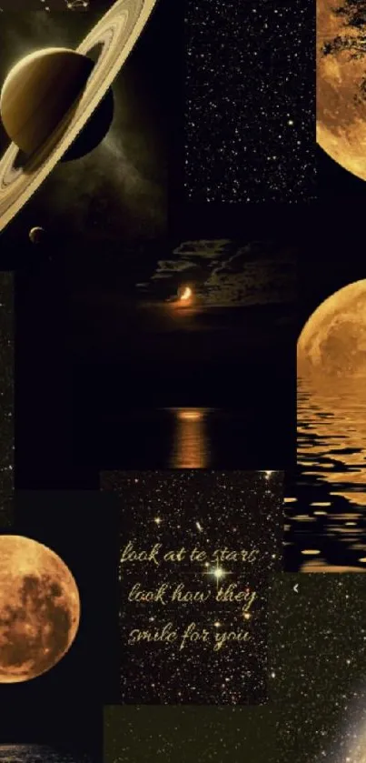 Celestial wallpaper collage with moons and stars.