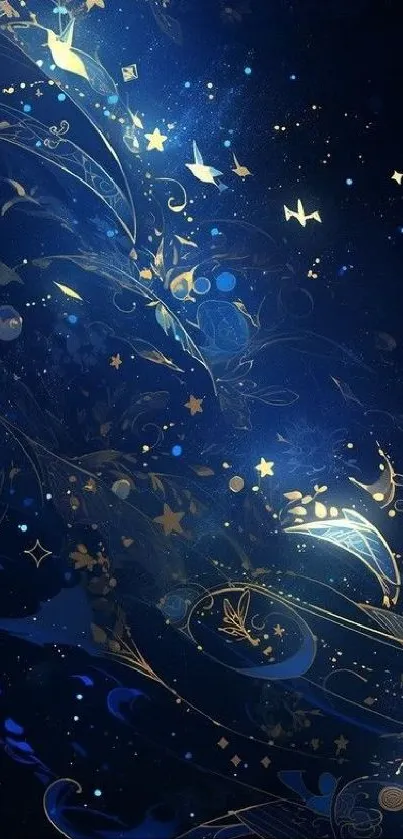 Celestial night sky wallpaper with golden patterns.