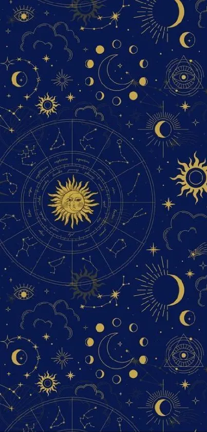 Navy blue celestial wallpaper with zodiac symbols and golden stars.