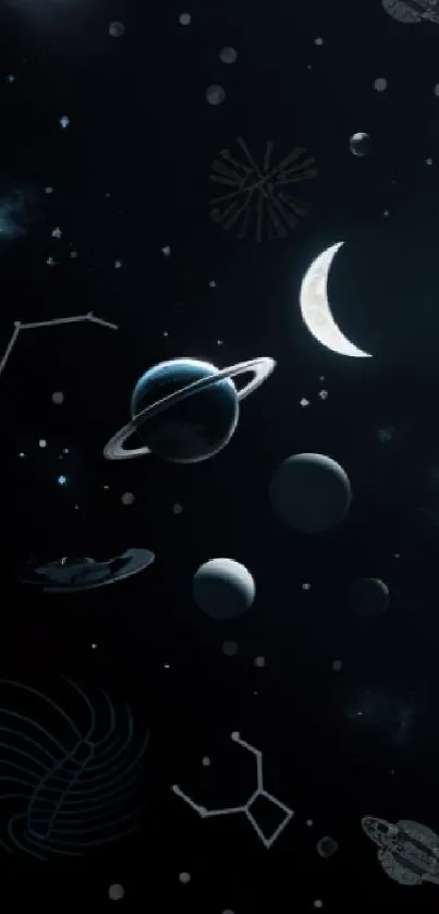 Celestial night sky wallpaper with planets and stars.