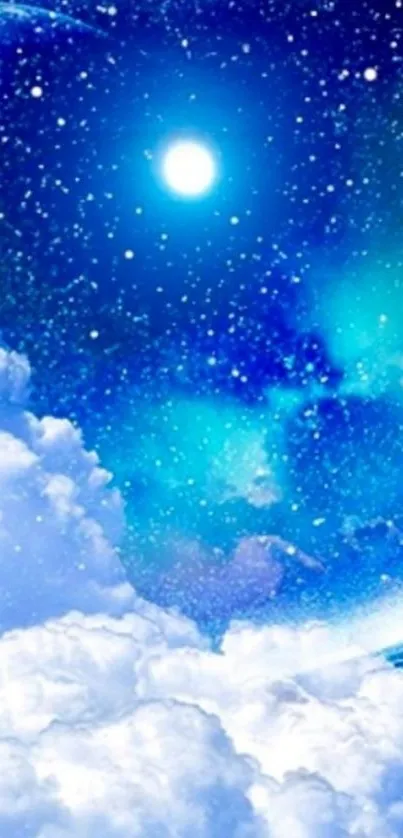 Celestial night sky with stars and clouds wallpaper.