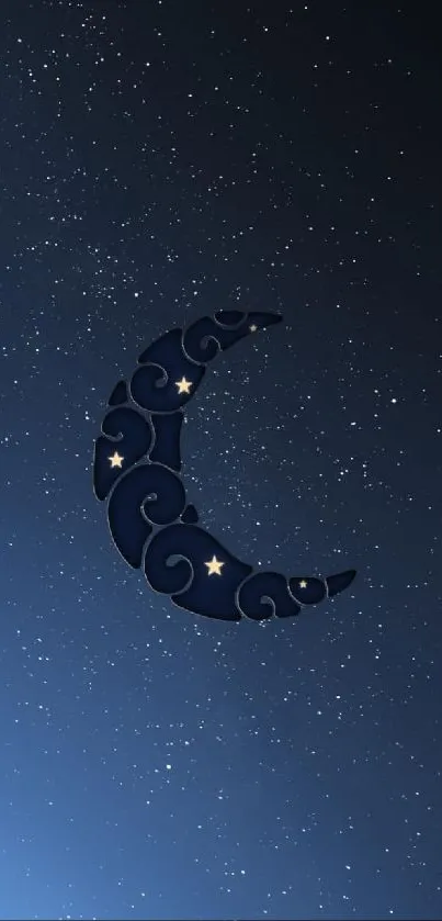 Mobile wallpaper with crescent moon and stars on a dark blue night sky.